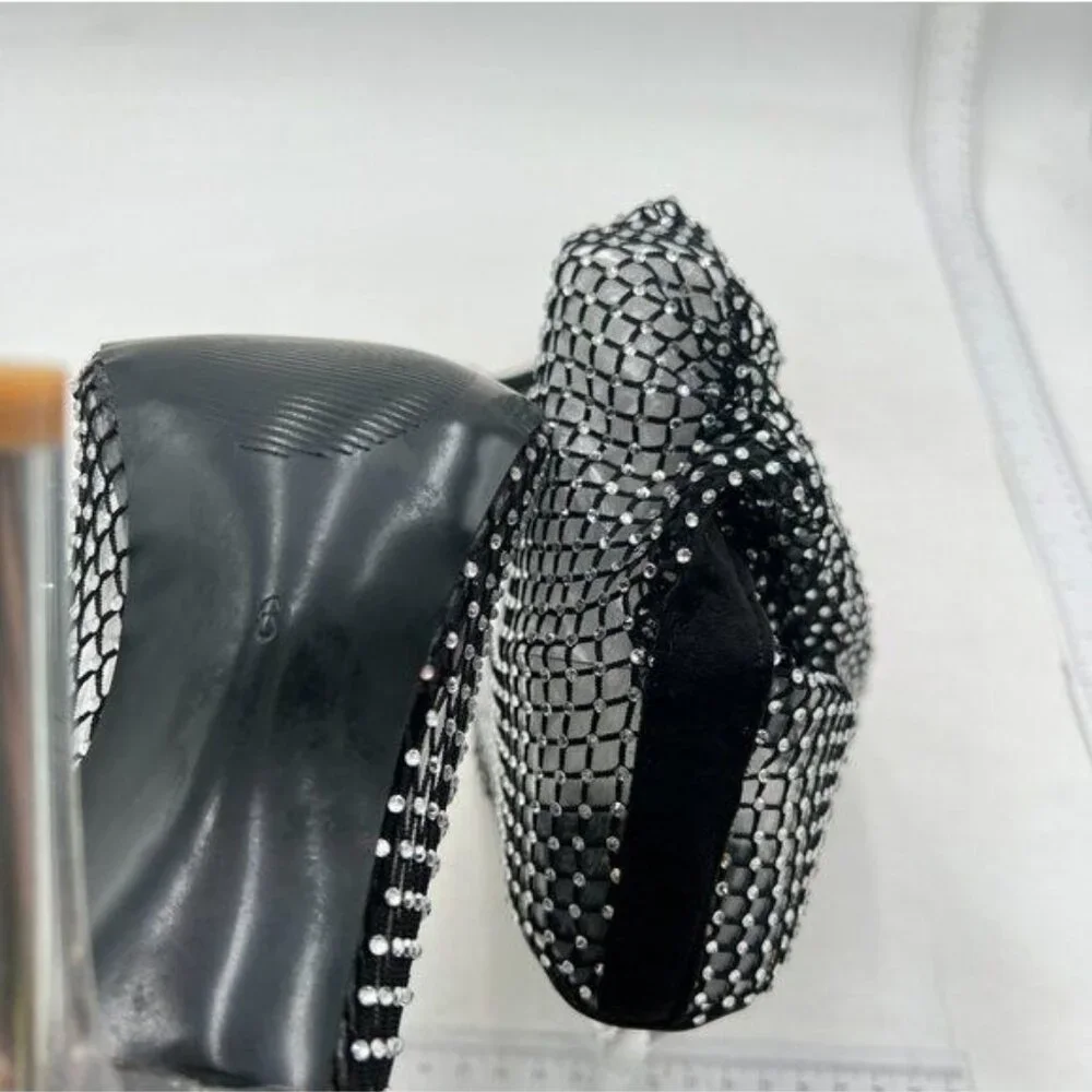 XYD Black Eyelet Sparkly Rhinestones Pointed Toe Crystal Heel Over the Knee Boot
